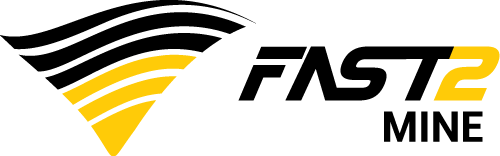 Um logotipo preto e amarelo para fast2 mine em um fundo branco.