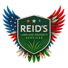 Logo for Reid's Lawn & Property Services, shield with green grass and eagle wings in red, white, and blue.