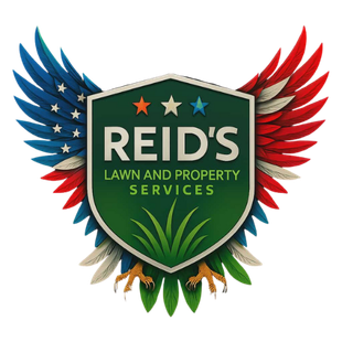Logo for Reid's Lawn and Property Services featuring a shield with an eagle wing design in red, white, and blue.