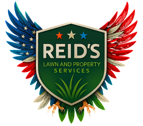 Logo for Reid's Lawn and Property Services featuring a shield with an eagle wing design in red, white, and blue.