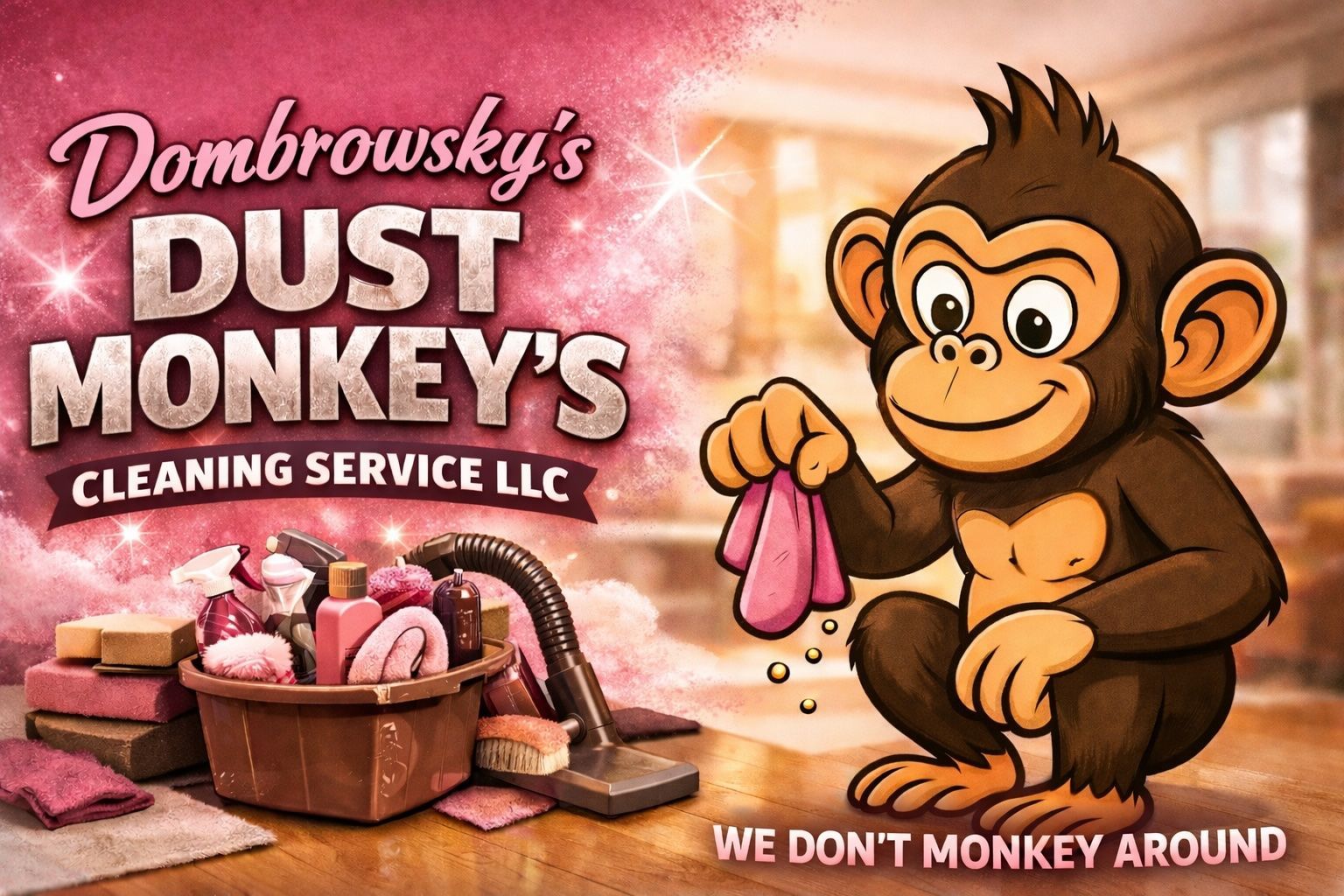 Dust Monkey's cleaning service logo. Cartoon monkey holding a pink cloth, cleaning supplies in a basket.