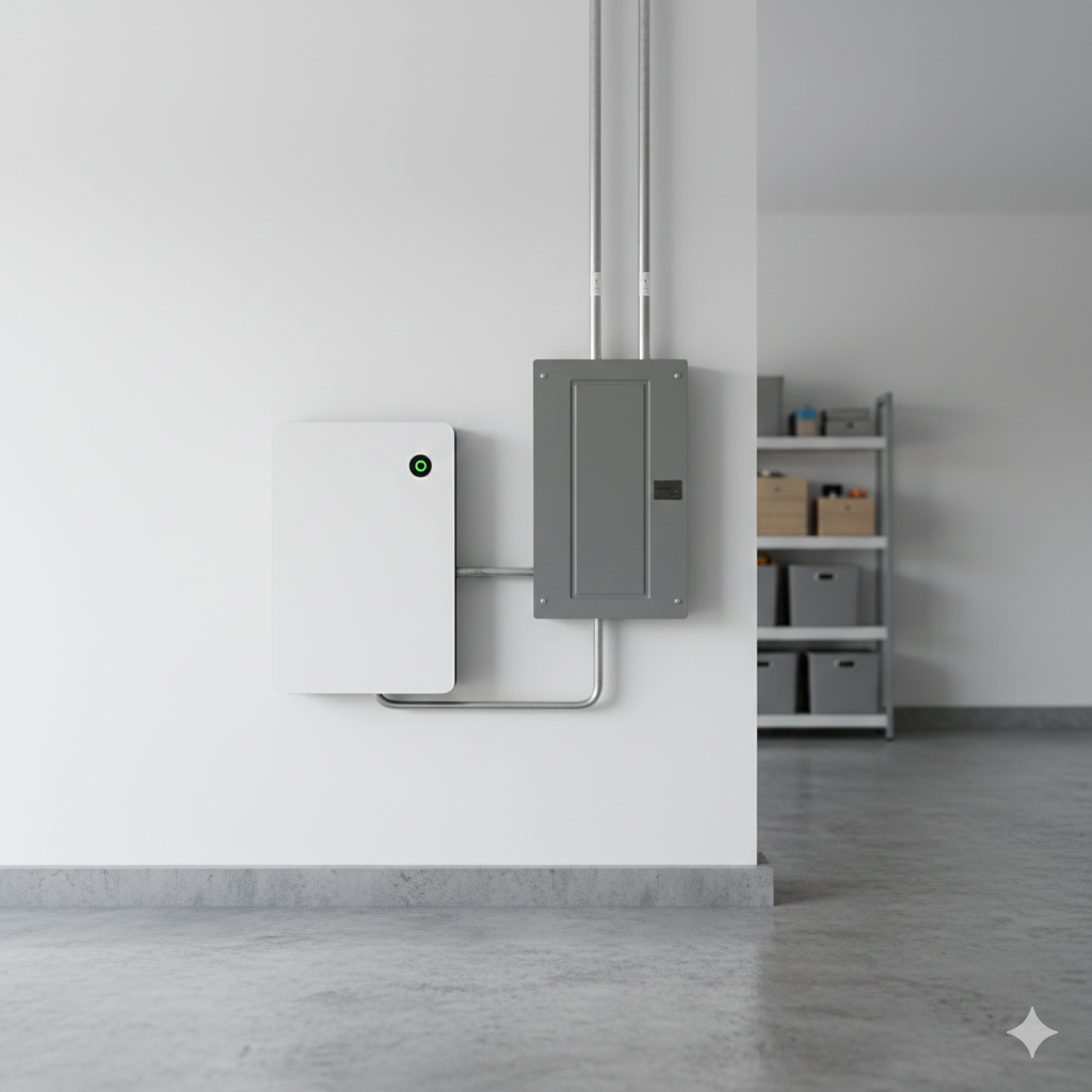 White solar battery and gray electrical panel on a white wall in a garage.