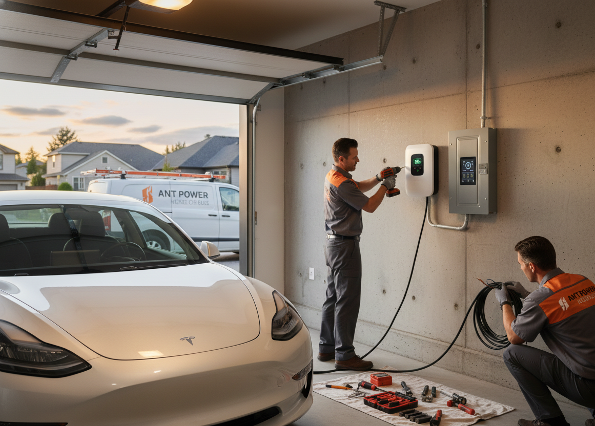 Two men installing an EV charger in a garage next to a white Tesla.