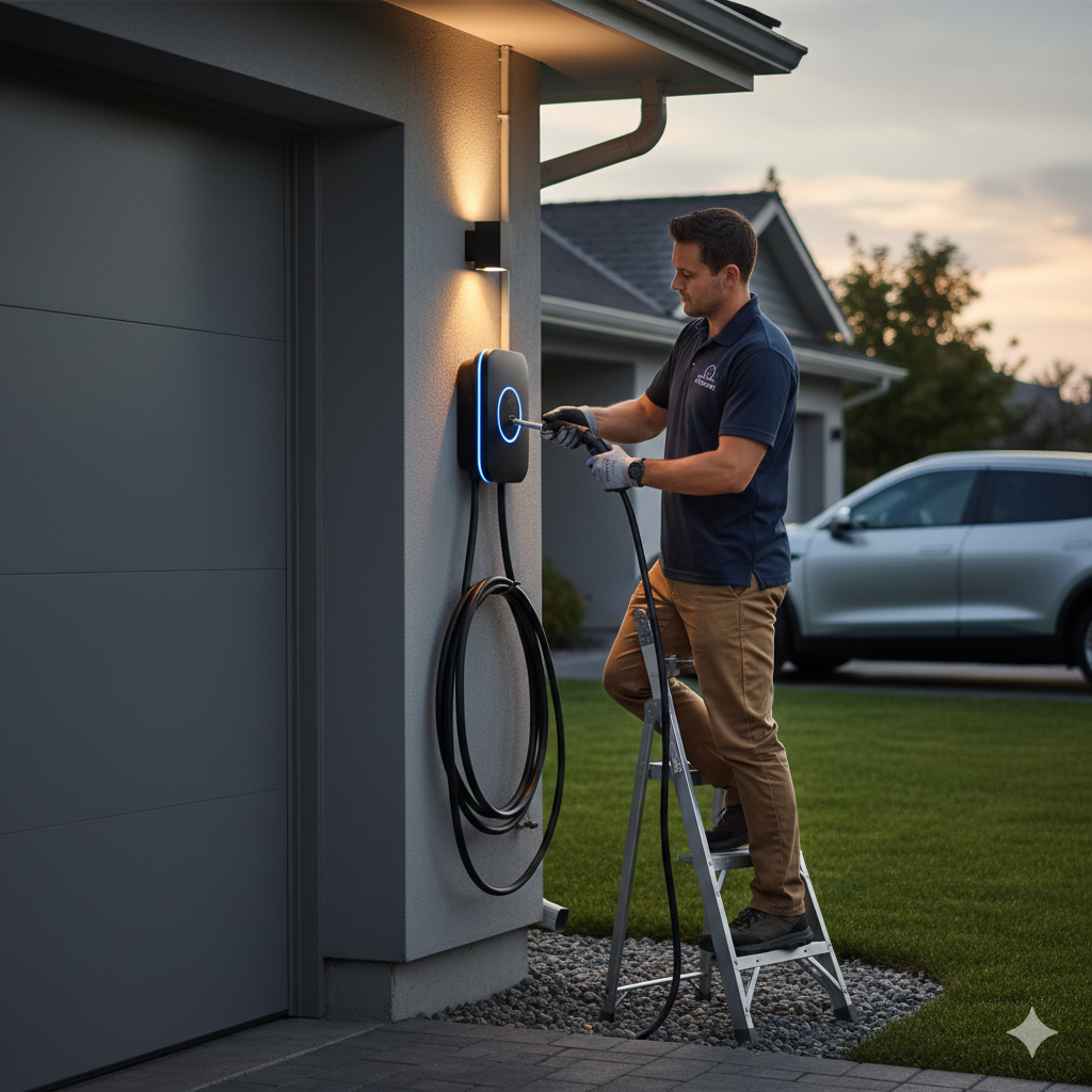 Man installing EV charger on house exterior. Evening setting, car in background.