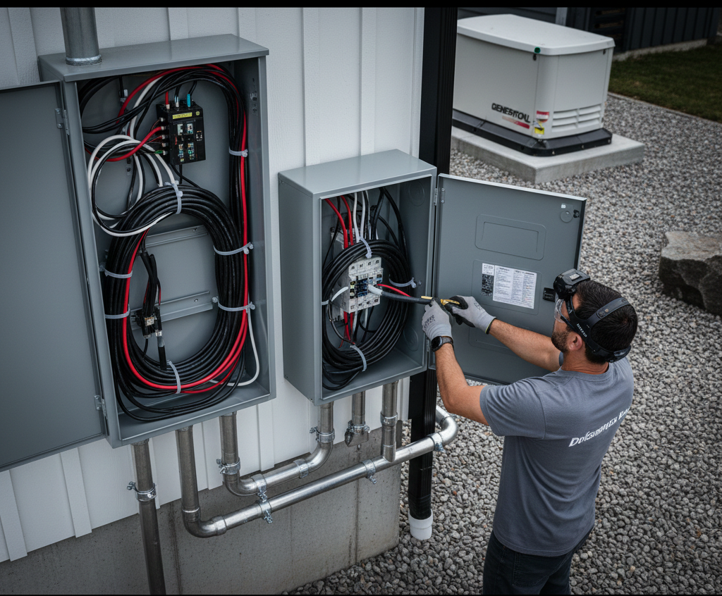 Electrician working on electrical boxes outdoors. Gray boxes, black and red wires, and a generator visible.