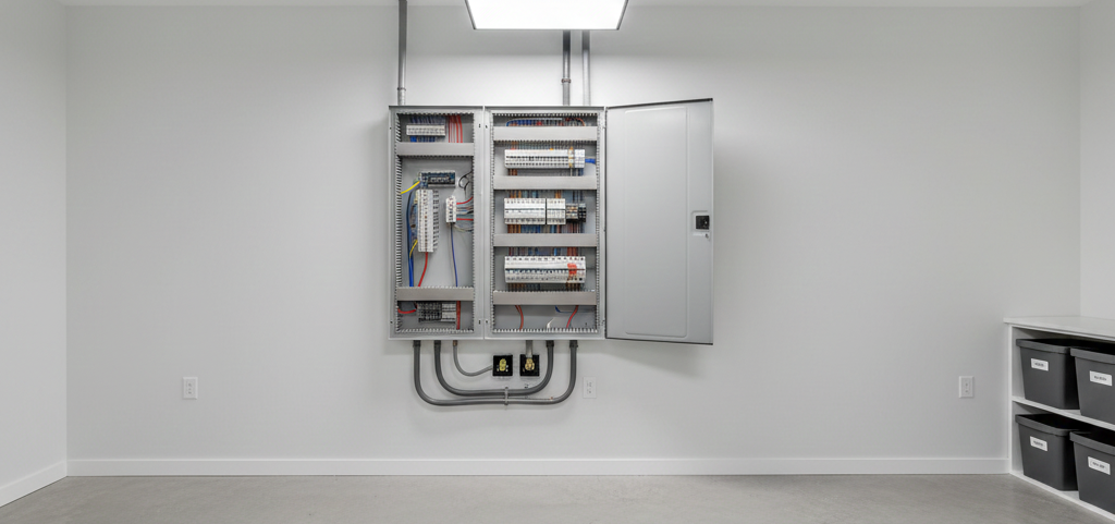Electrical panel mounted on a white wall in a room, with exposed wiring and an open door.