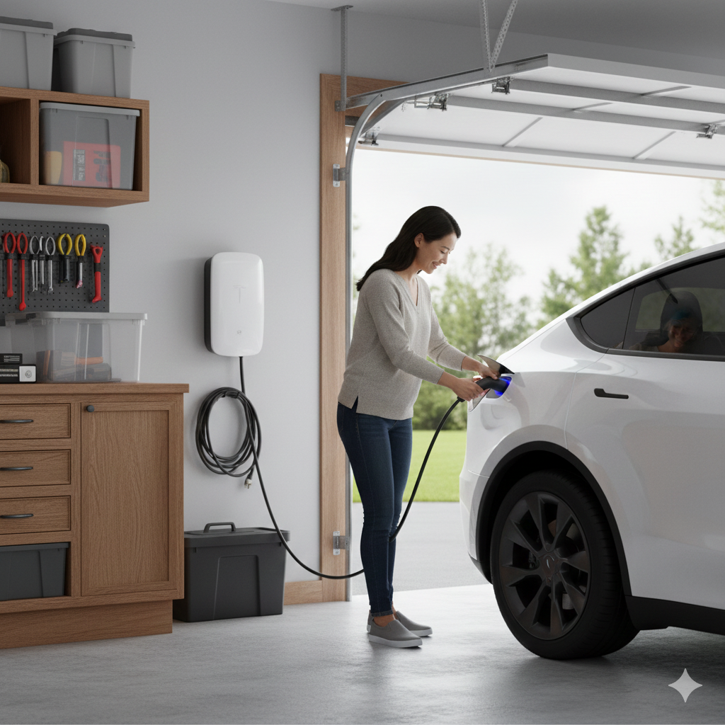 Woman plugging in an electric vehicle in a garage next to a charging station.
