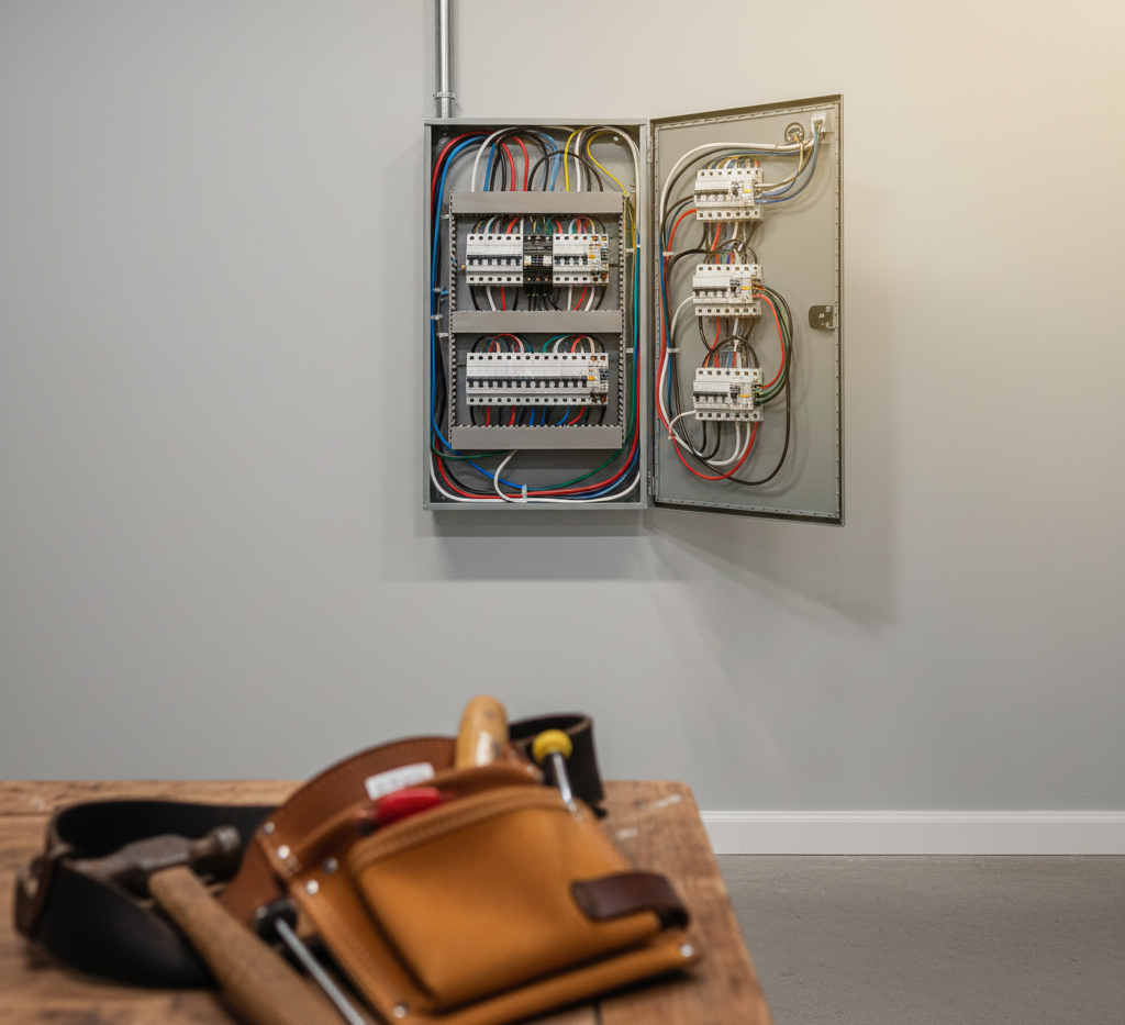 Open electrical panel on a gray wall with a toolbox in the foreground.