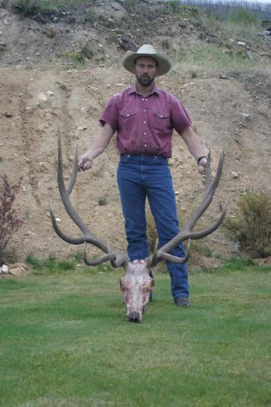 A man in a cowboy hat is holding a large deer skull