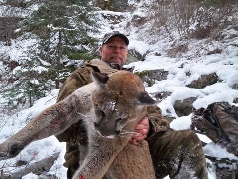 A man is holding a mountain lion in his arms in the snow.