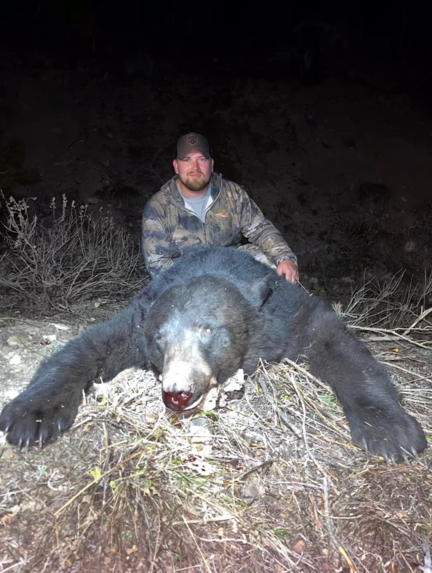 A man is sitting next to a large black bear.