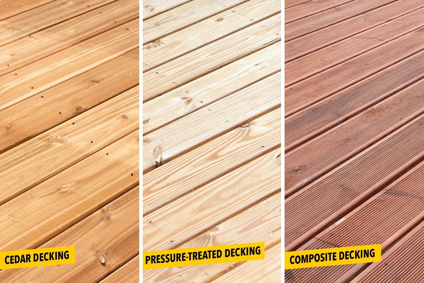 Cedar, treated, and composite decking