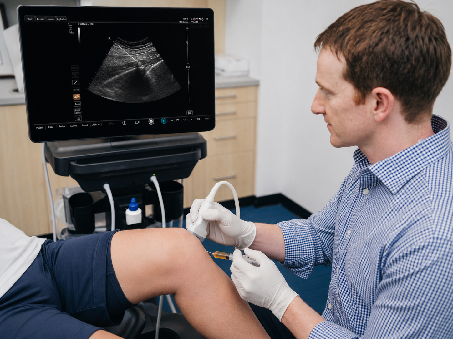 Sport & Exercise Physician performing an ultrasound-guided knee injection at Progressive Sports Medicine in Sydney
