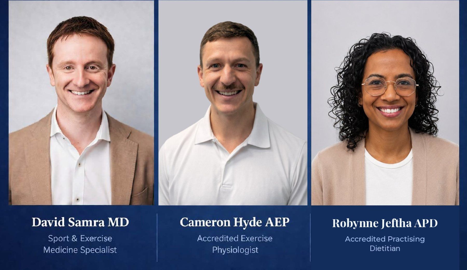 The Progressive Longevity Clinic team: Dr David Samra, Sport and Exercise Medicine Specialist; Cameron Hyde AEP, Accredited Exercise Physiologist; Robynne Jeftha APD, Accredited Practising Dietitian