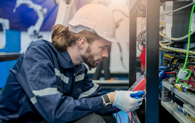 A man in a hard hat is working on a machine in a factory.