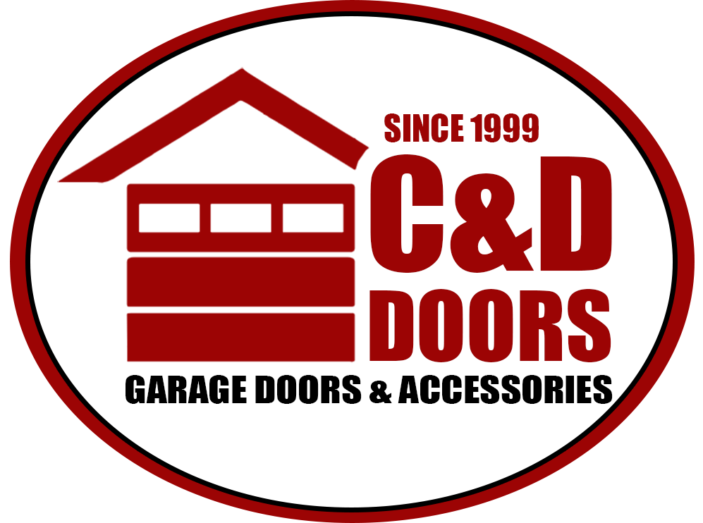 A logo for c & d doors garage doors and accessories