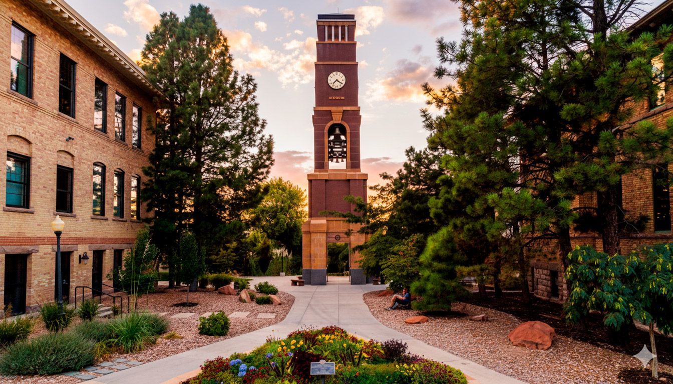 Brick bell tower and surrounding buildings at sunset, with a brick pathway and greenery.