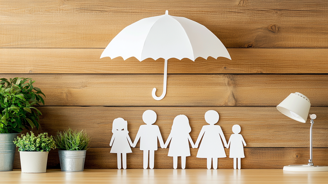 A paper cut out of a family holding hands under an umbrella.