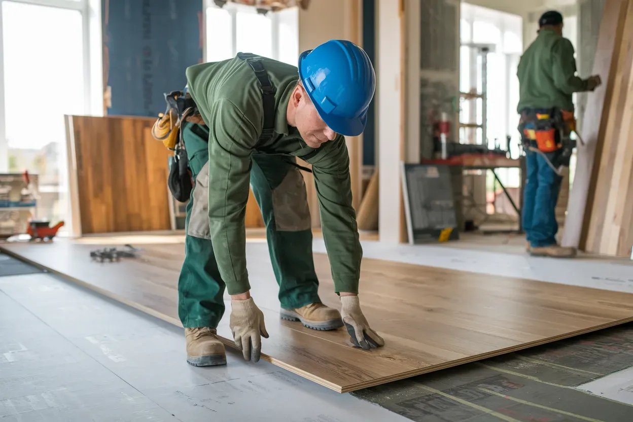 A construction worker is installing a wooden floor in a room.
