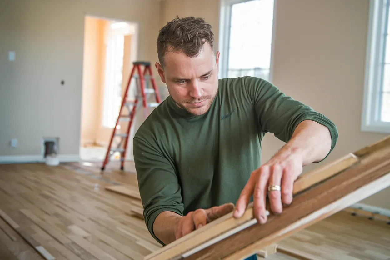 A man is measuring a piece of wood in a room.