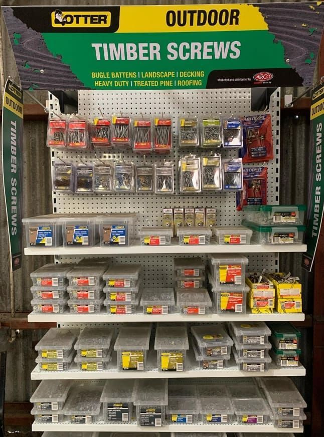 Display of Various Outdoor Timber Screws in a Hardware Store — Trade Fencing Supplies in Surf Coast, VIC