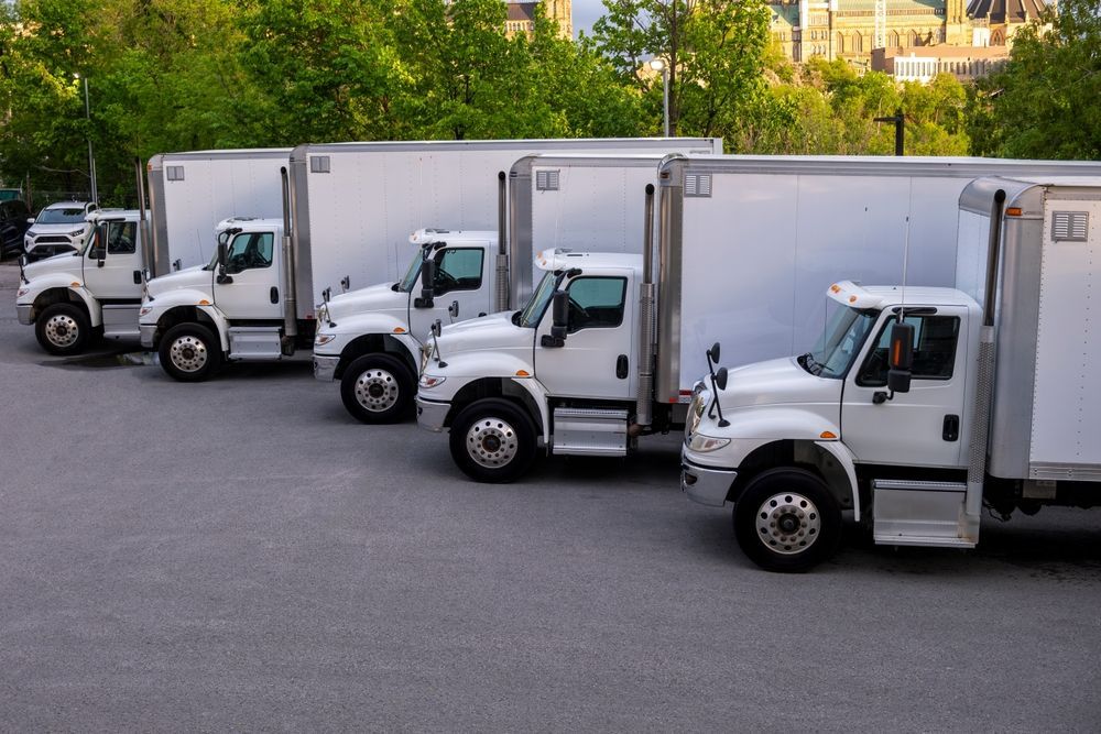 Multiple refrigerator cargo trucks in a straight row on a parking lot.