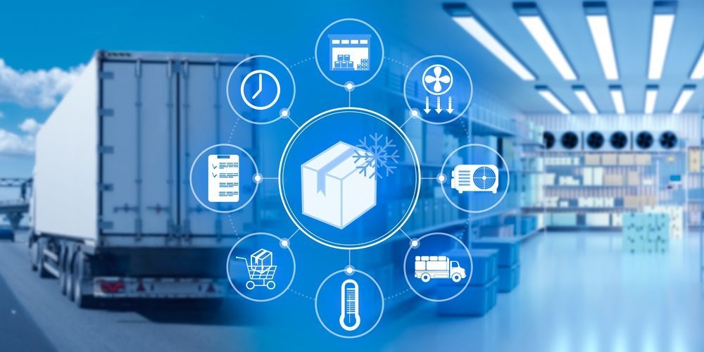 Freight truck with digital logistics icons overlay in a blue warehouse setting