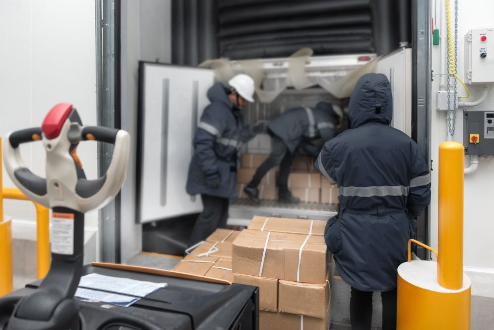 Workers loading a truck with frozen goods.