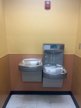Two water fountains in a commercial space