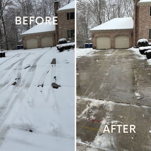 A before and after picture of a snowy driveway.