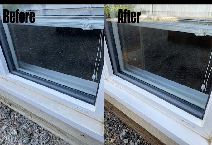 A before and after picture of a window with blinds