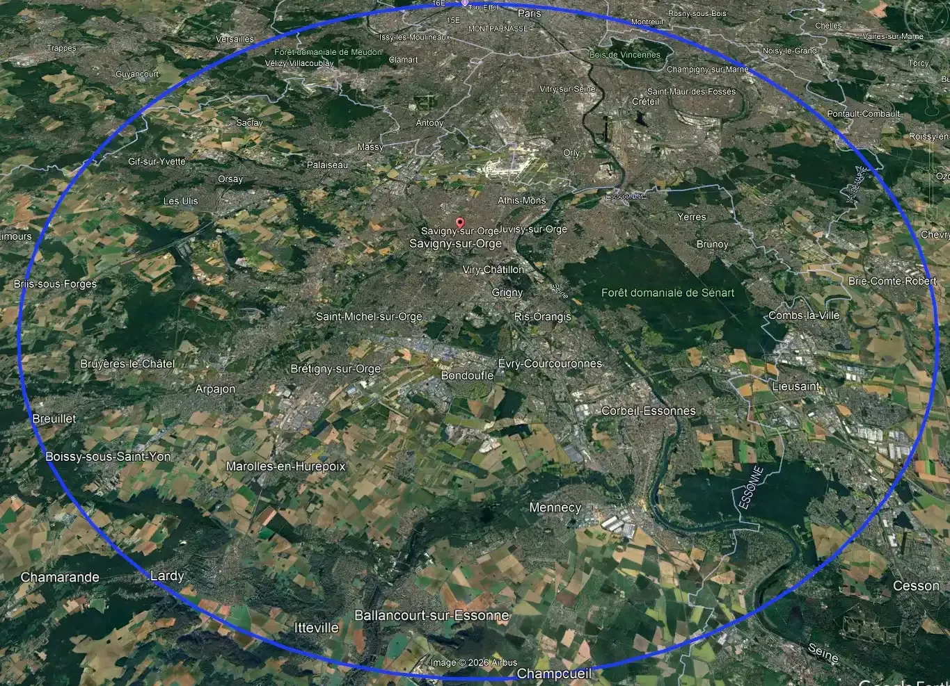 Carte de la zone d'intervention de FGD Électricité dans un rayon de 20km autour de Savigny-sur-Orge.