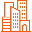 A line drawing of a city with a lot of buildings.