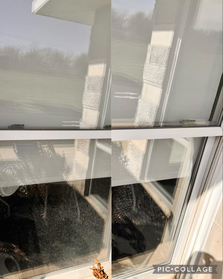 A split-screen view shows a clear window pane on the left and a hazy, moisture-filmed window pane on the right.