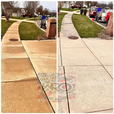 A split-screen comparison showing a concrete driveway and sidewalk before and after professional power washing.