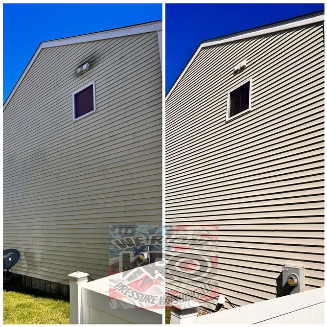 Before and after comparison of light-colored vinyl siding, showing the removal of grime and dark stains after cleaning.