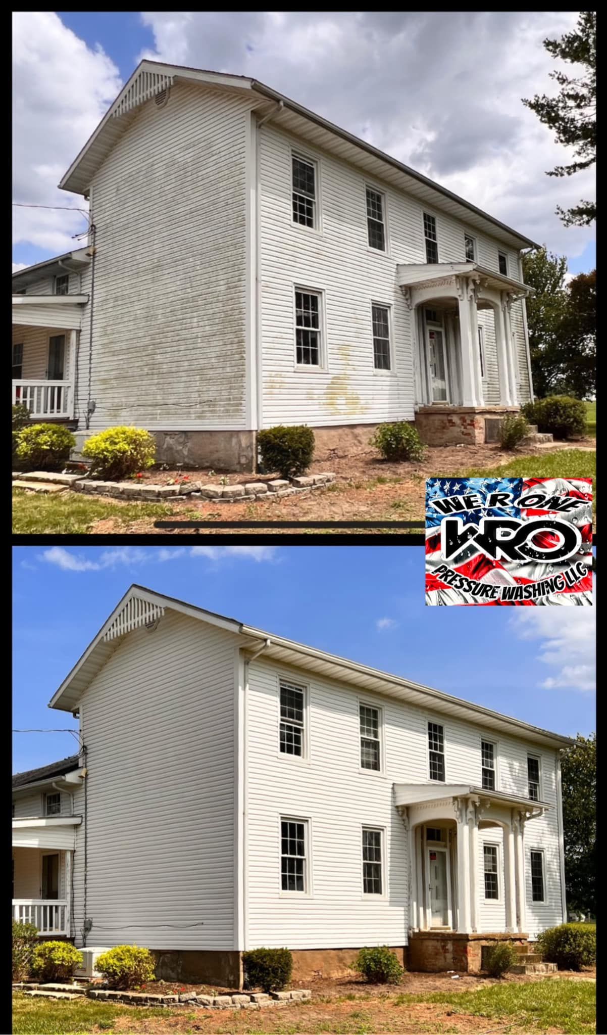 A split-screen view showing a white house before and after a cleaning service, with a KRO logo in the center.