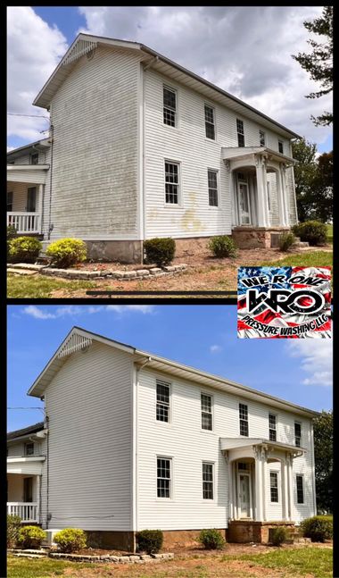 A split-screen view showing a white house before and after a cleaning service, with a KRO logo in the center.