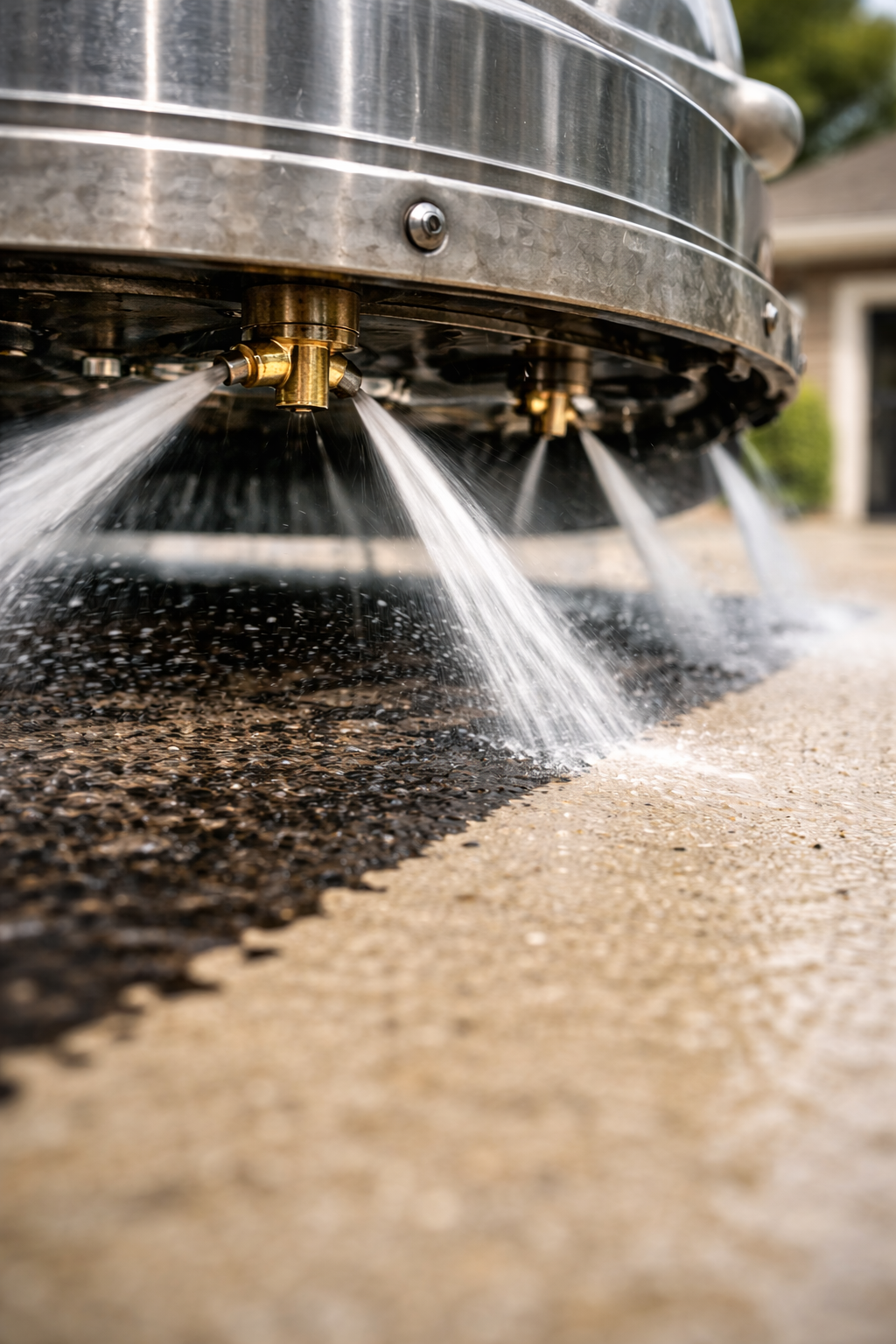 A metal surface cleaner attachment sprays water onto a concrete driveway, removing dirt from the surface.