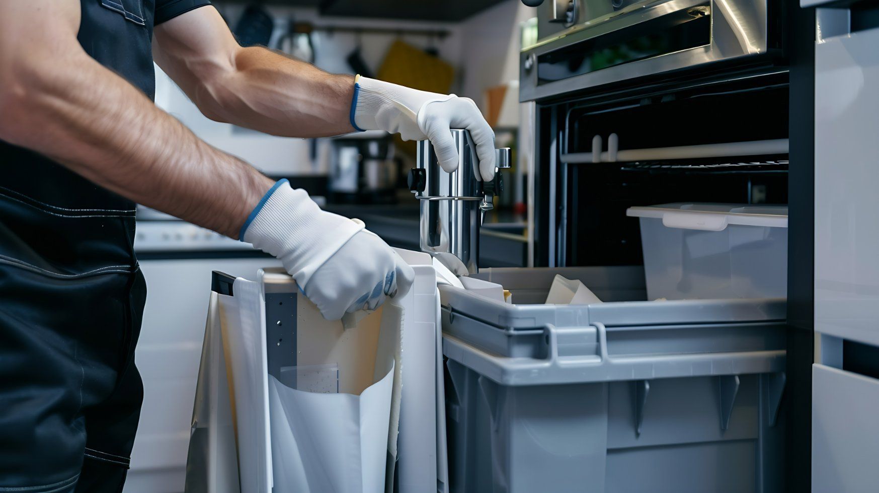 Person wearing gloves loads a bin into a commercial kitchen appliance.