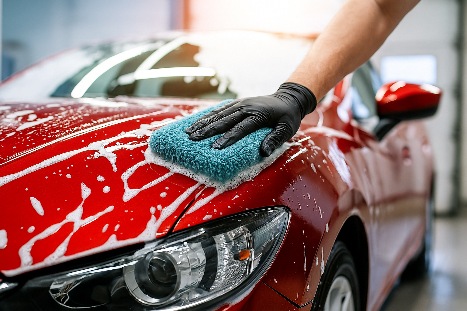 A person is washing a red car with a sponge.