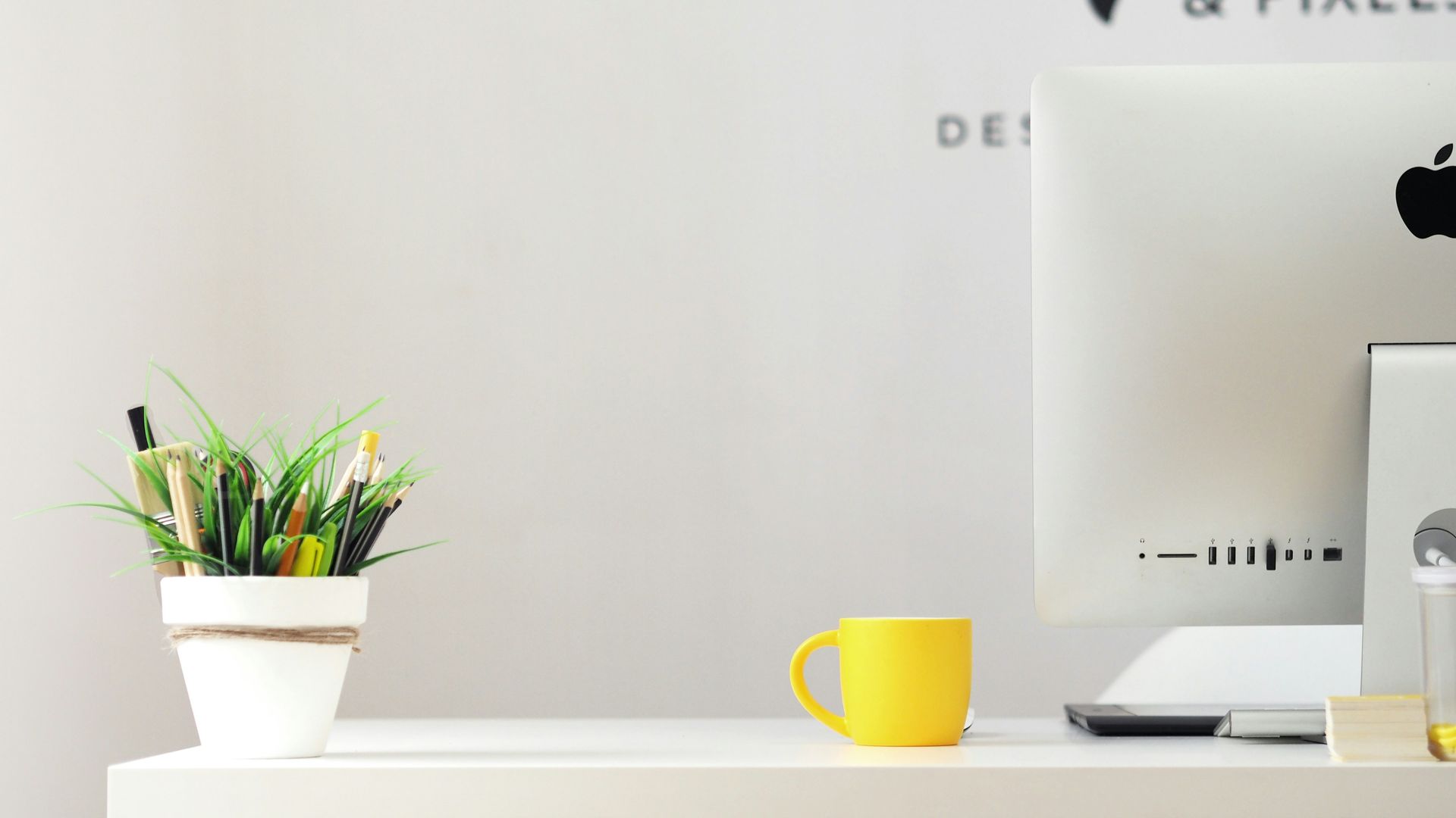 White desk with potted plant and yellow mug; Apple computer in background.