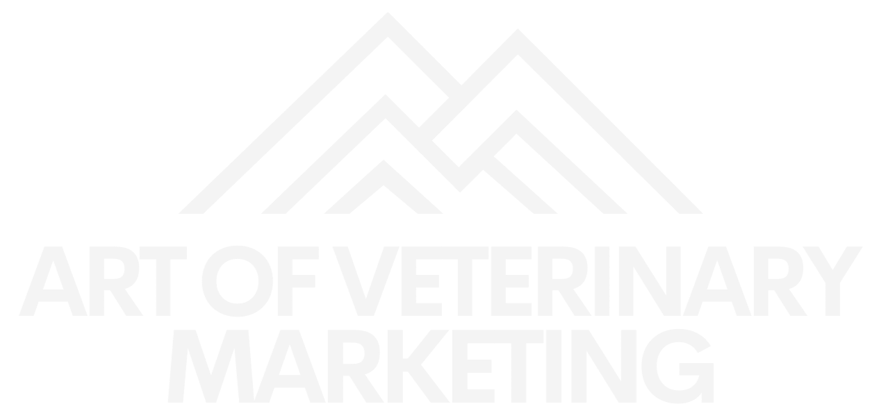 The logo for art of veterinary marketing has a mountain in the background.