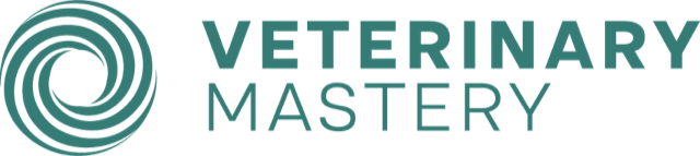 A logo for veterinary mastery with a swirl in the middle