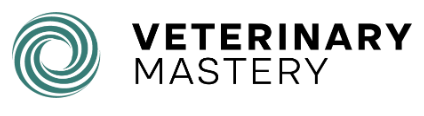 A logo for veterinary mastery with a swirl in the middle.