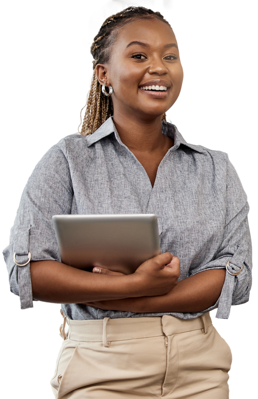 A woman is holding a tablet computer and smiling.