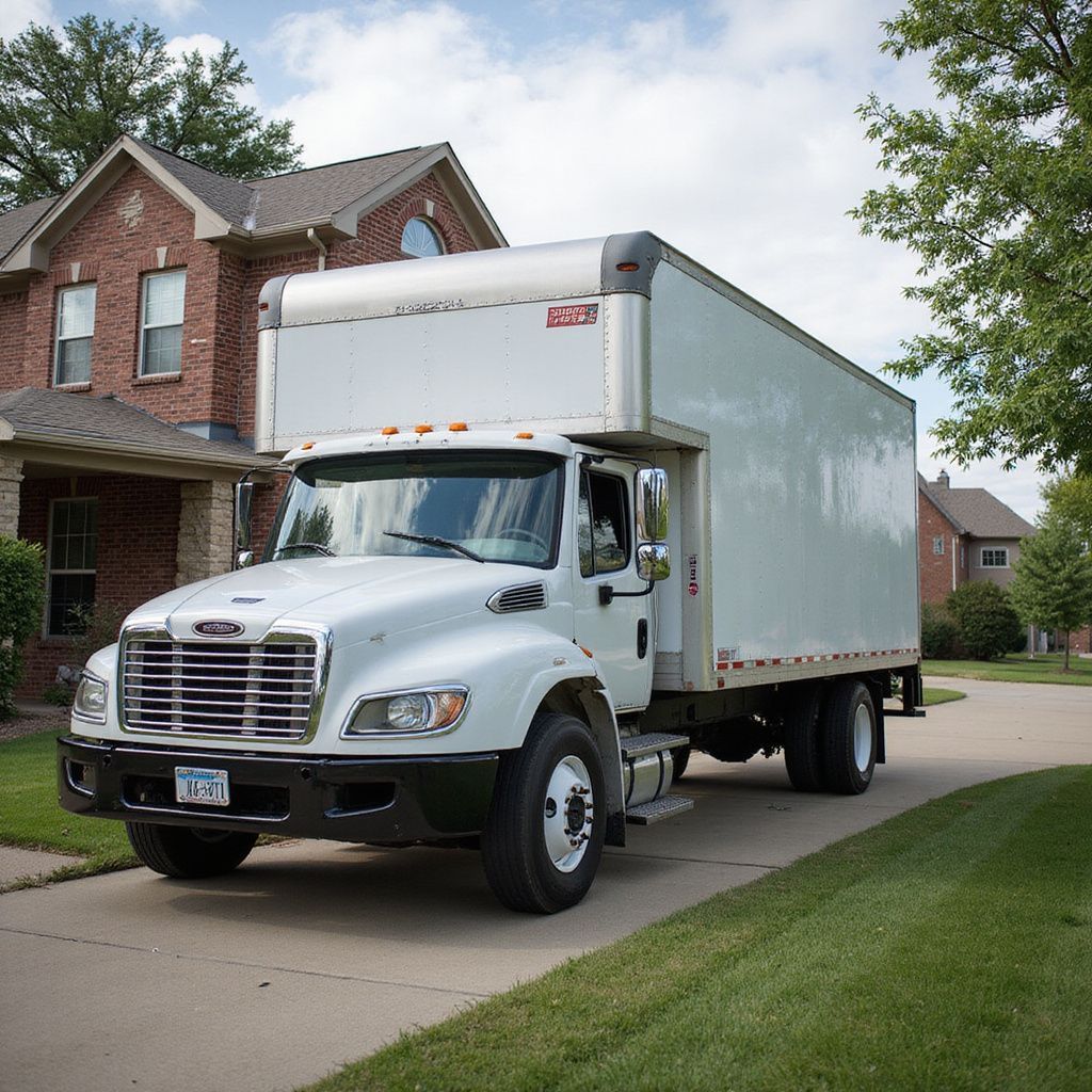 White moving truck parked in front of a brick house on a sunny day.