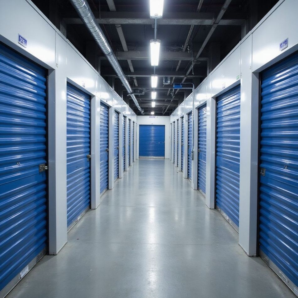 Blue storage unit doors line a brightly lit hallway.