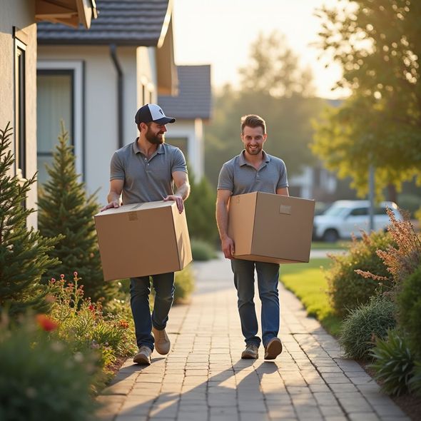 Two men carry cardboard boxes on a brick walkway, approaching a house. Sunlight.