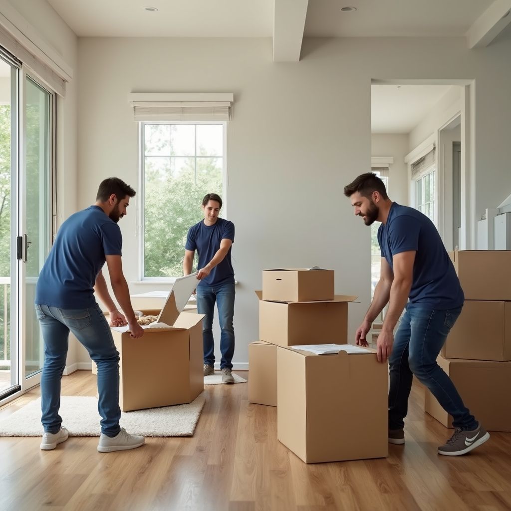 Three men in blue shirts and jeans are moving boxes in a bright room with hardwood floors.